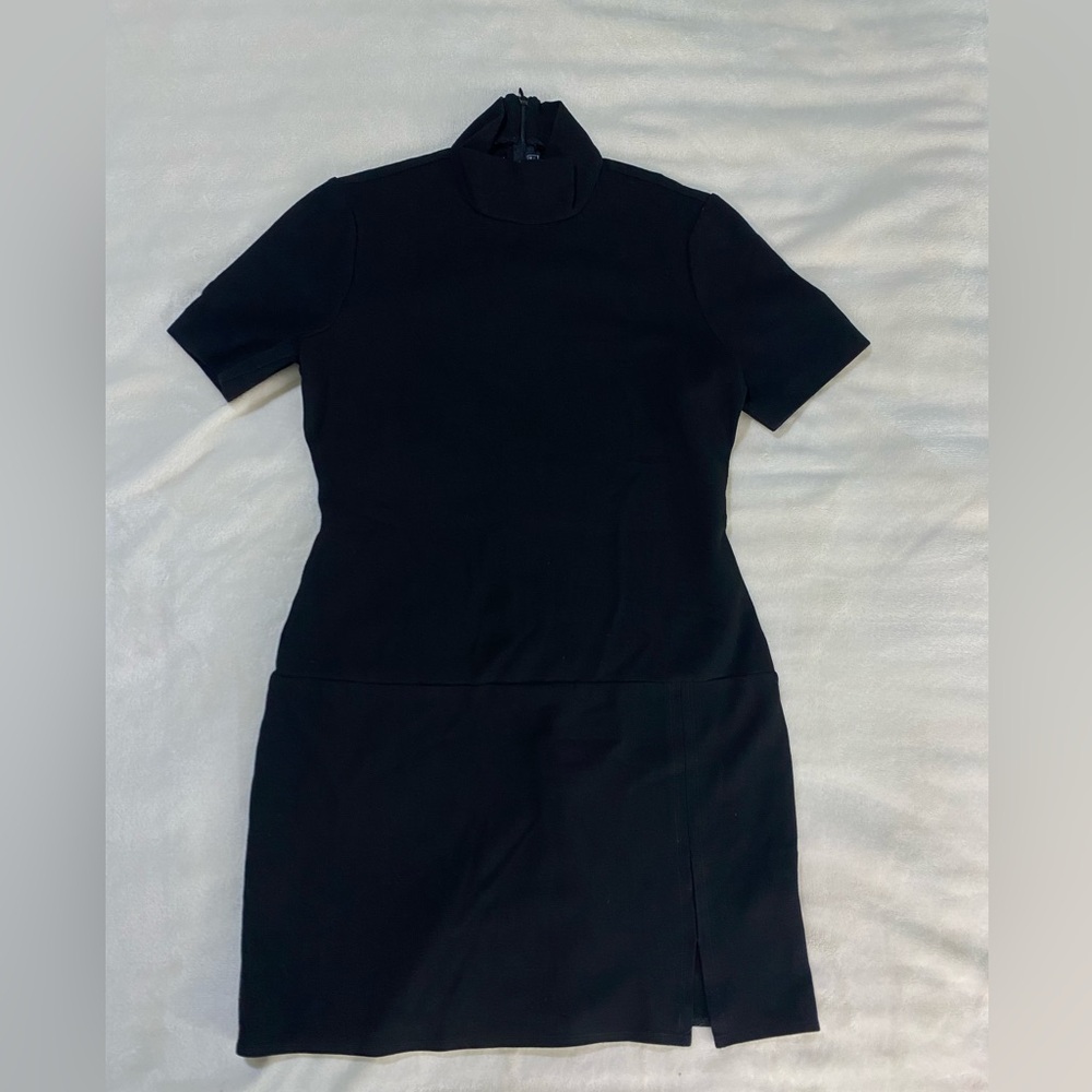 Vintage Harold’s Black Mock Neck Mini Dress With Split, Short Sleeves, Bodycon S